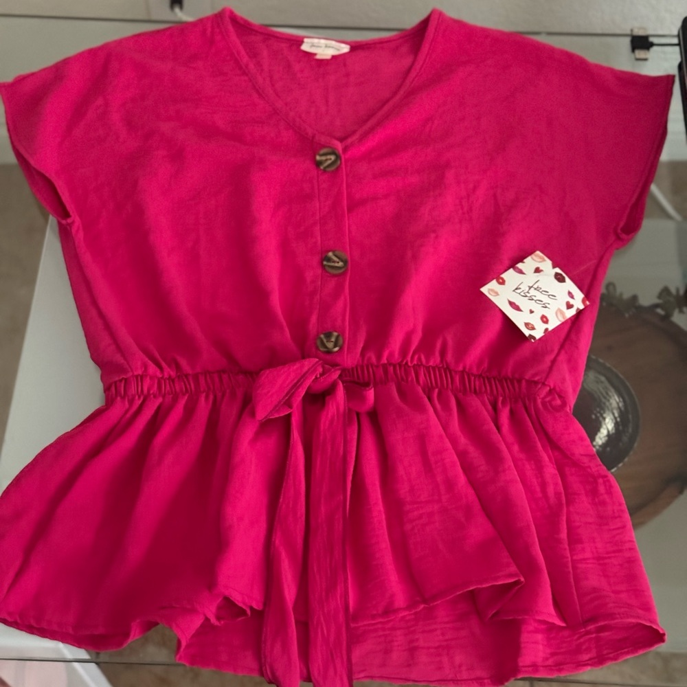 Hot Pink Button-Front Peplum Top with Waist Tie